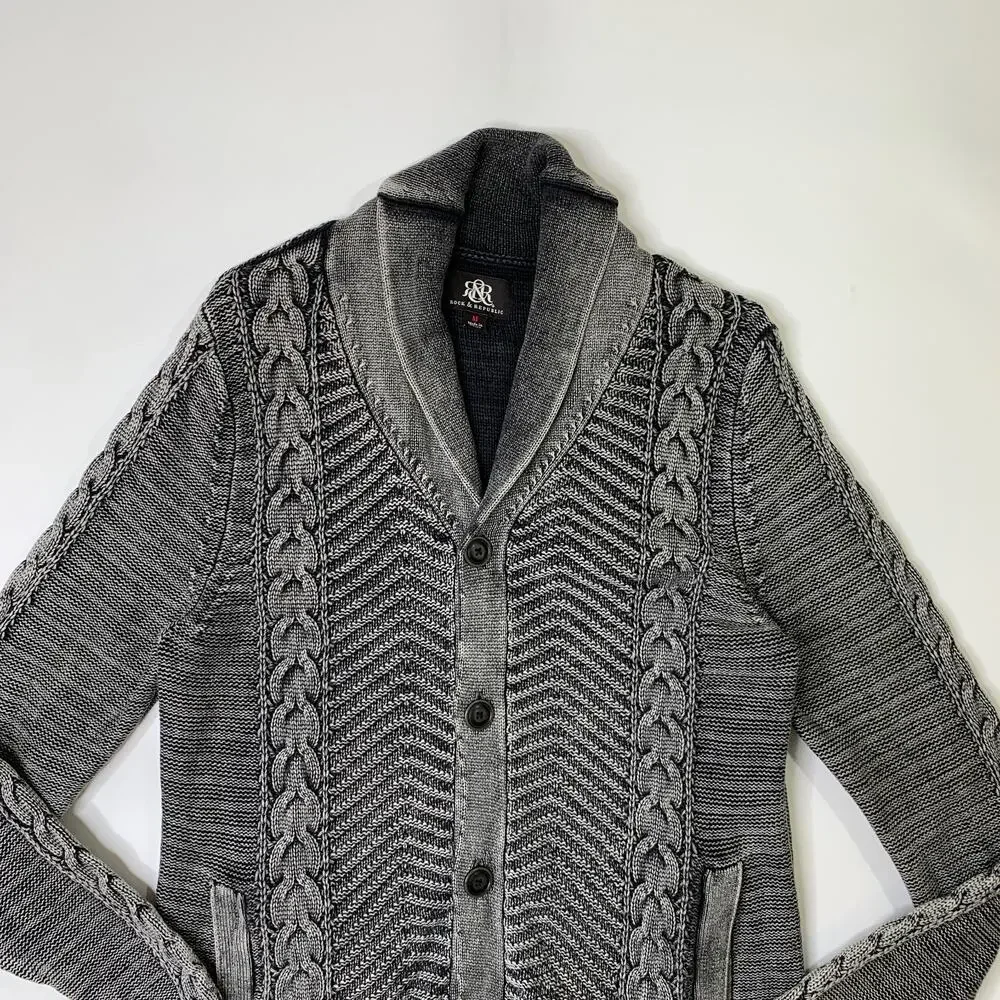 Rock & Republic Sweater Mens M Medium Gray Shawl Collar Cable Knit Cardigan